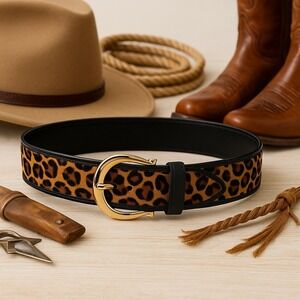 Chico's‎ Leopard Print Calf Hair Leather Belt Gold Buckle Western Chic Medium